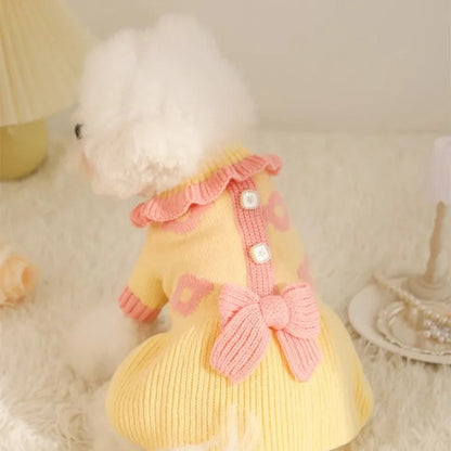Yellow and patterned fairy dress style acrylic dog sweaters for small puppies in autumn.