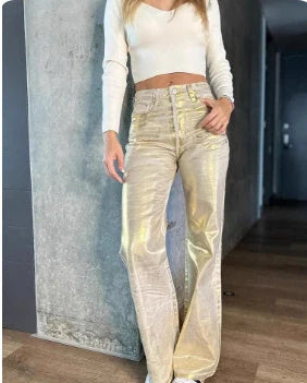 Bronzing design straight-leg cotton jeans in gold colour with straight cut for spring summer wear
