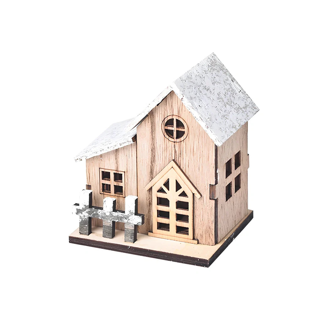 LED illuminated wooden Christmas cabin measuring 8cm by 7cm by 9.5cm with festive lighting