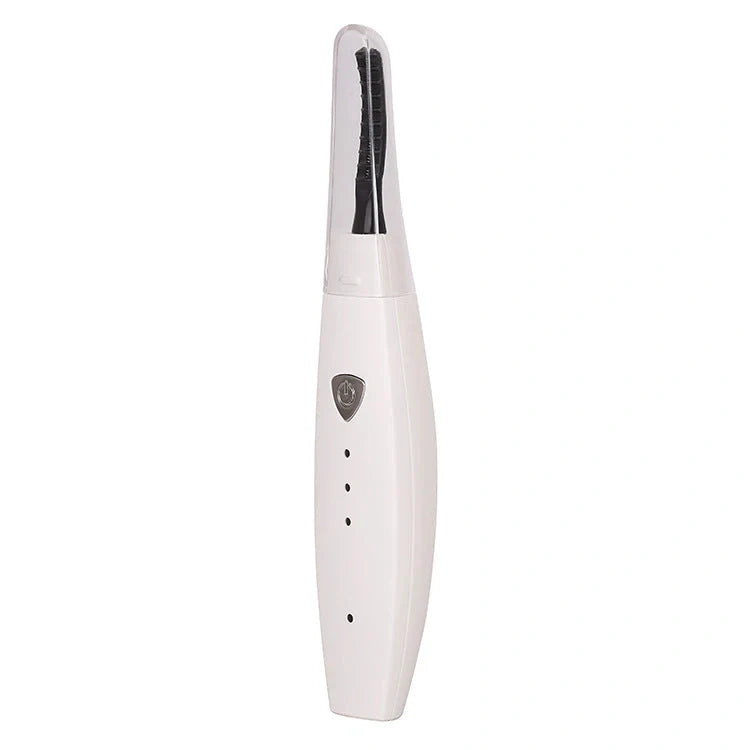 USB rechargeable electric heated eyelash curler in white, pink, black, and blue options