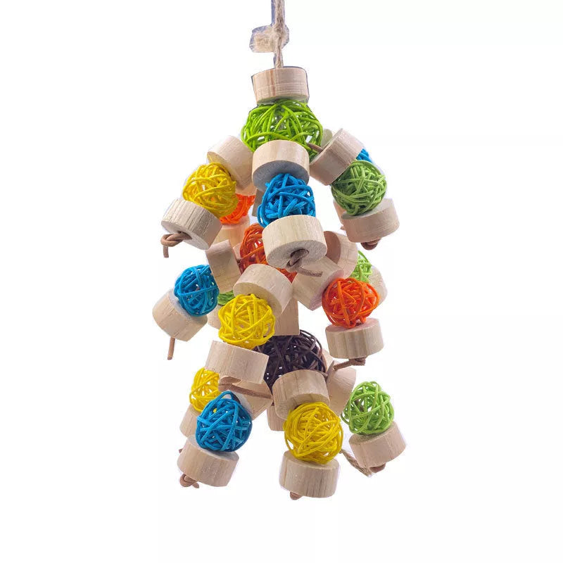 Natural wood nibbling toy for birds, available in small, medium, and large sizes