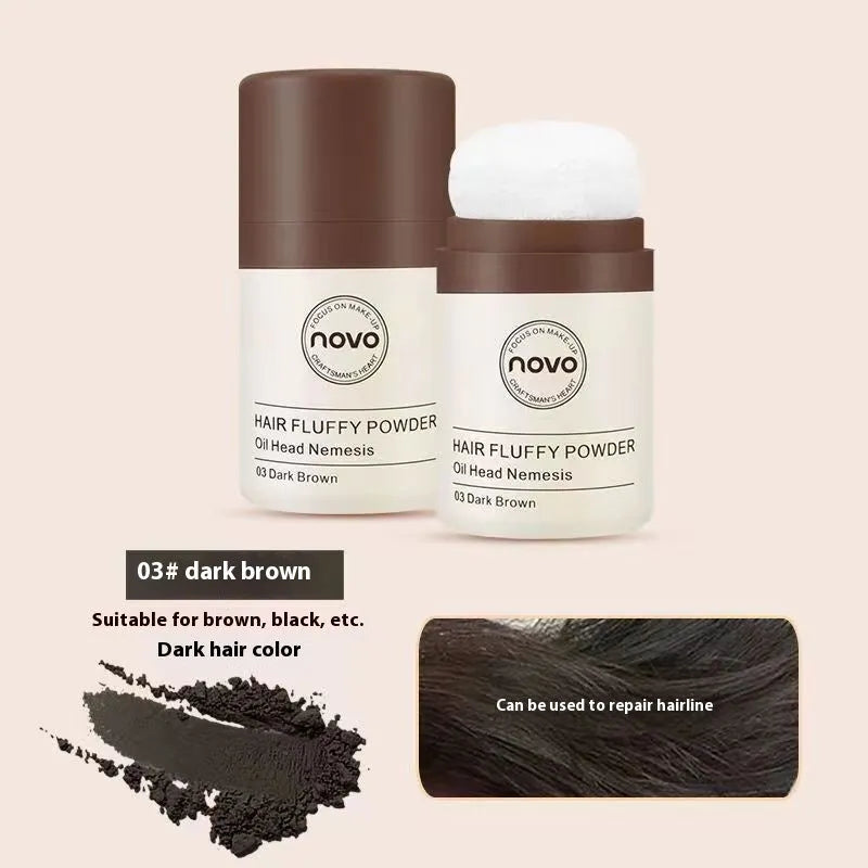 Mattifying oil control face powder container for hair bangs and hairline.