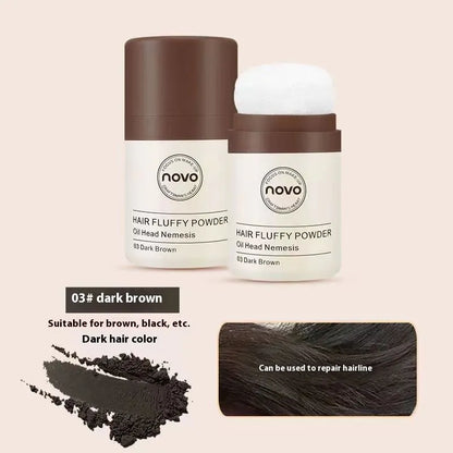 Mattifying oil control face powder container for hair bangs and hairline.