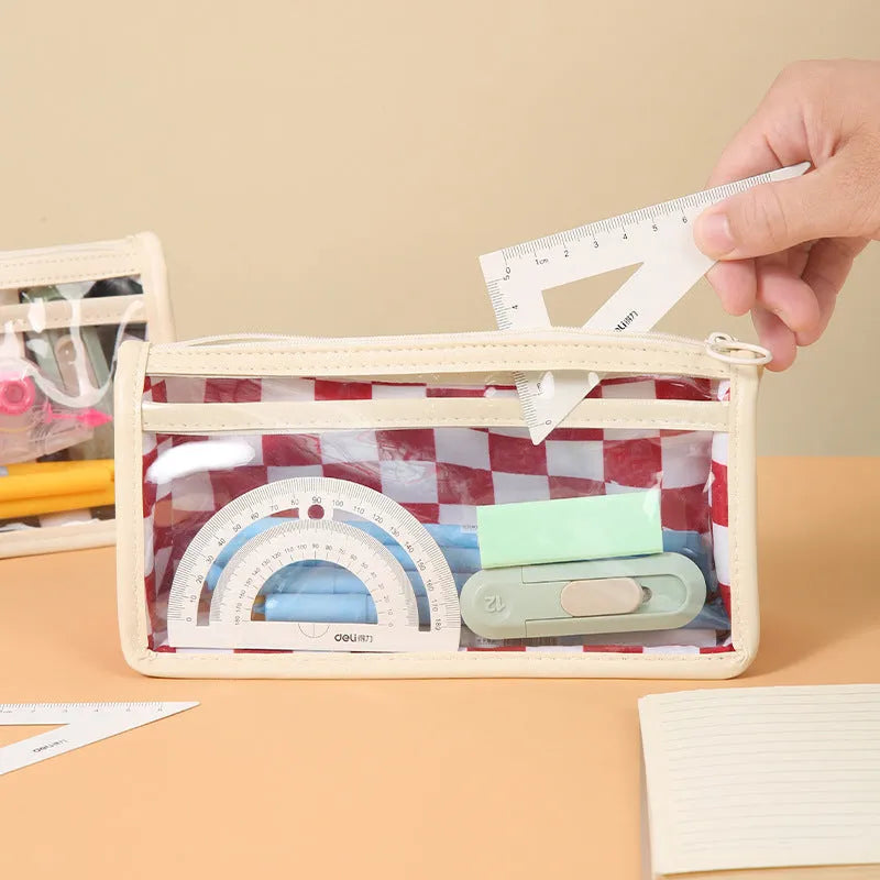 Chessboard pattern transparent PVC pencil case showing 21.5cm length with stationery items visible inside