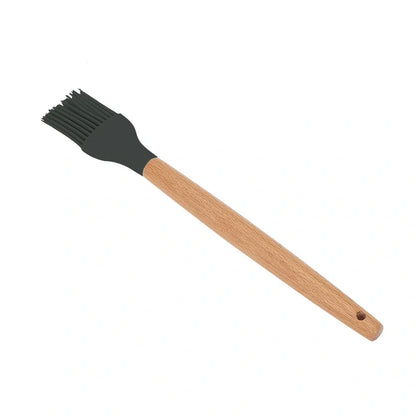 Wooden handle silicone cooking utensils set with 12 tools including spatula, whisk and food tongs in organiser barrel