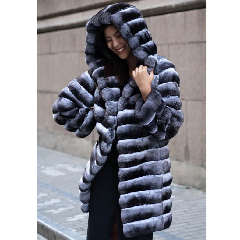Women's casual artificial mink overcoat with zebra stripes pattern, mid-length 65cm design, regular sleeves