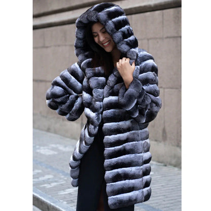 Women's casual artificial mink overcoat with zebra stripes pattern, mid-length 65cm design, regular sleeves