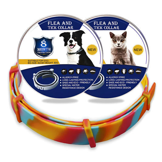 Rainbow plastic flea repellent collar for pets showing 38cm cat version and 62cm dog version