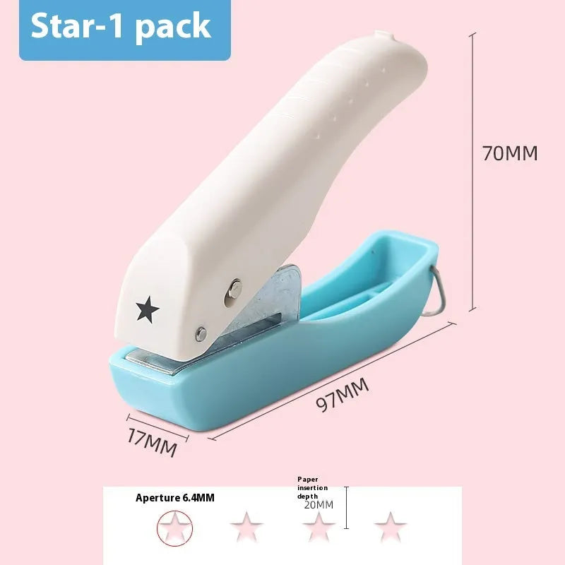 Manual embossing punching machine with Love, Round 4mm, Round 6mm, and Star patterns for kindergarten crafts