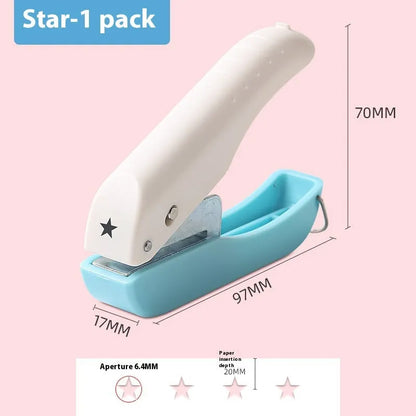 Manual embossing punching machine with Love, Round 4mm, Round 6mm, and Star patterns for kindergarten crafts