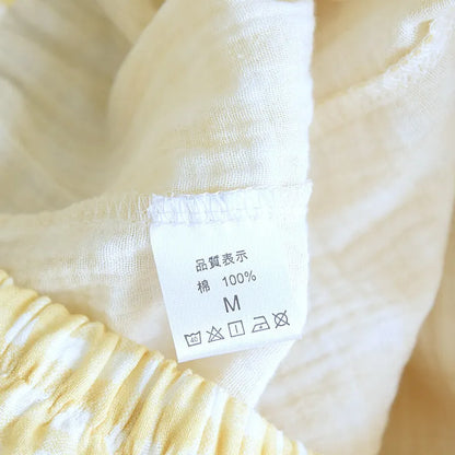 Women's washed cotton double-layer gauze short-sleeved trousers set in flower sea or yellow plaid pattern.