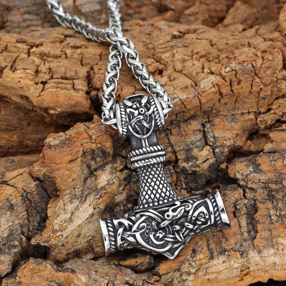 Nordic Vikings Hammer Rune Pendant Necklace for men in stainless steel and titanium steel