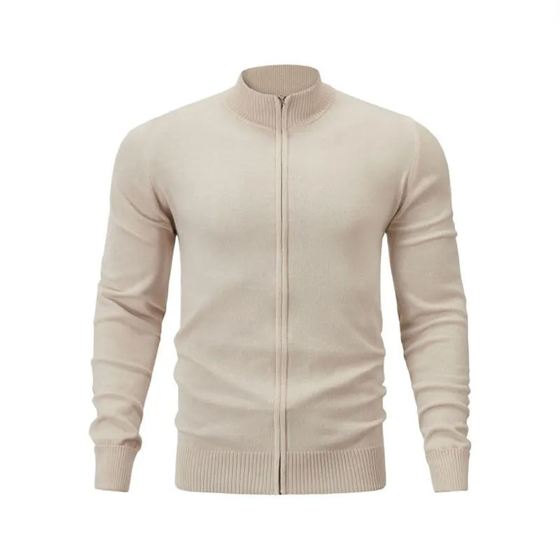 Casual zip-front cotton sweater with a stand collar shown in a solid colour.