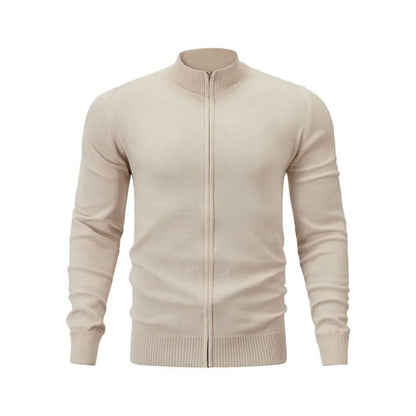 Casual zip-front cotton sweater with a stand collar shown in a solid colour.