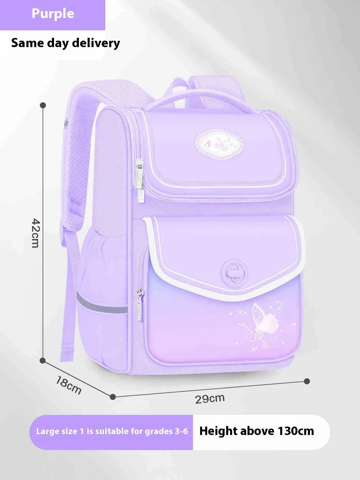 Girls' waterproof schoolbag in pink with Oxford cloth construction showing multiple compartments and padded shoulder straps
