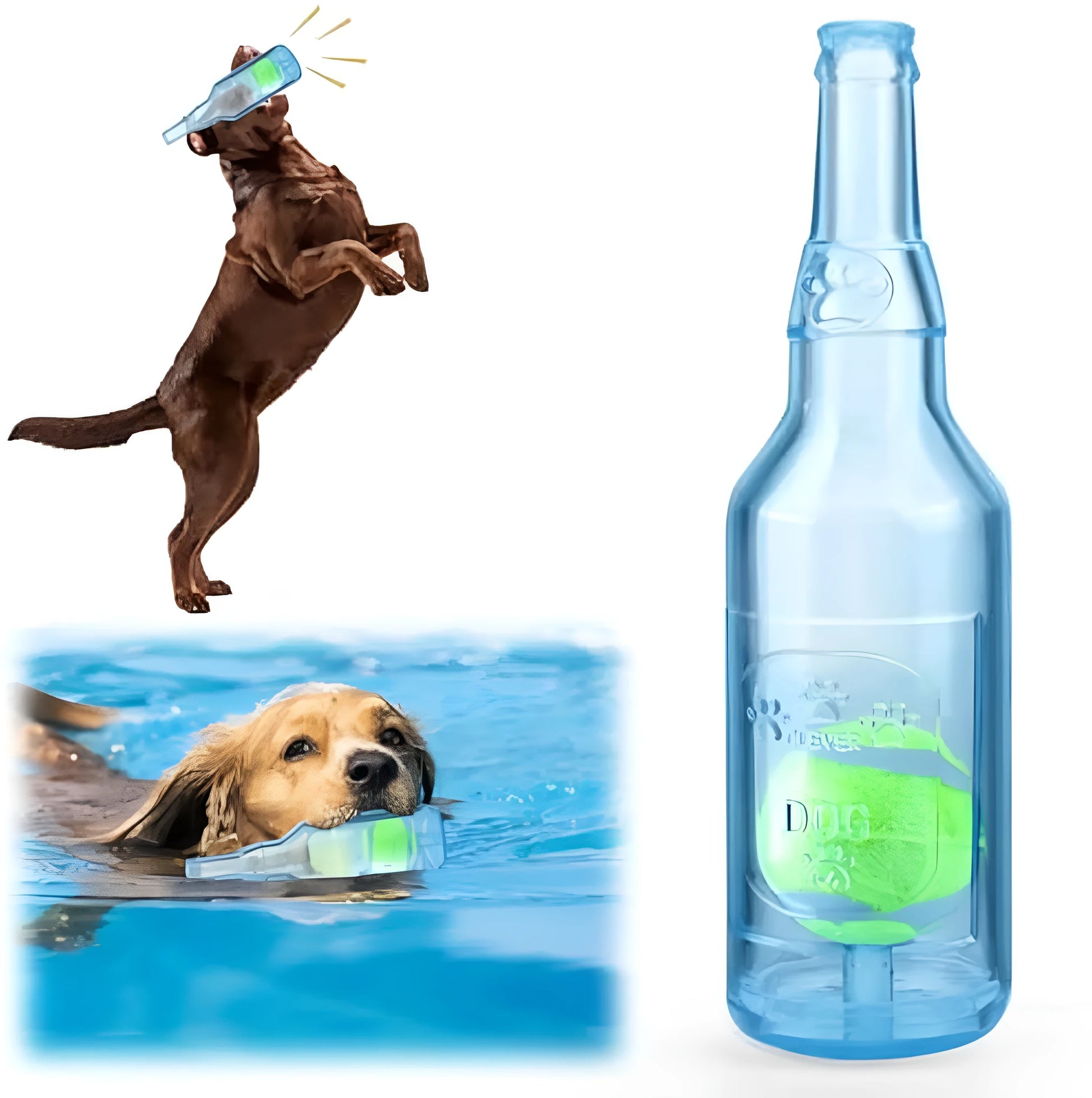 Blue natural rubber dog toy shaped like a water bottle with a squeaker tail, for aggressive chewers.