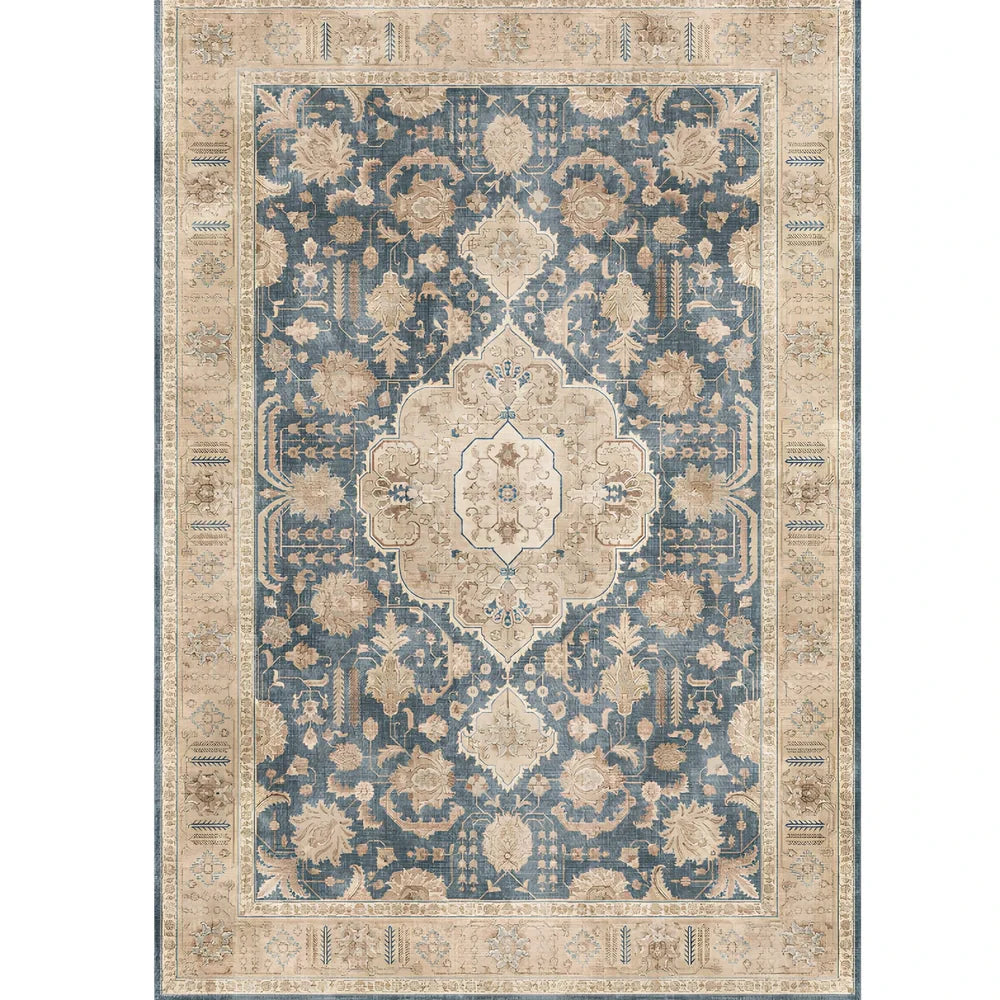 Short pile wool carpet with woven plant patterns in navy blue colour, rectangular shape for study flooring