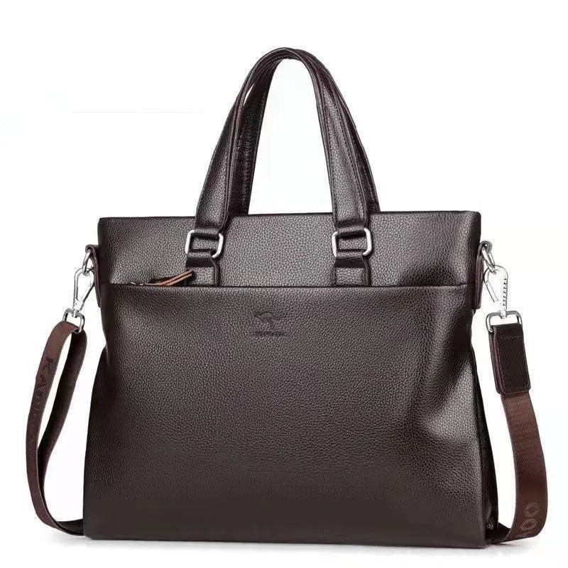 Men's black and brown PU leather shoulder messenger bag with splicing design, shown with crossbody strap.