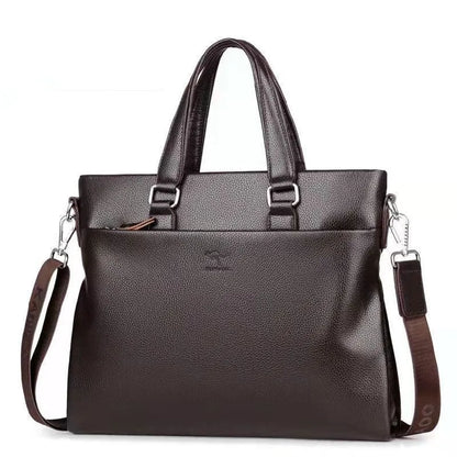 Men's black and brown PU leather shoulder messenger bag with splicing design, shown with crossbody strap.