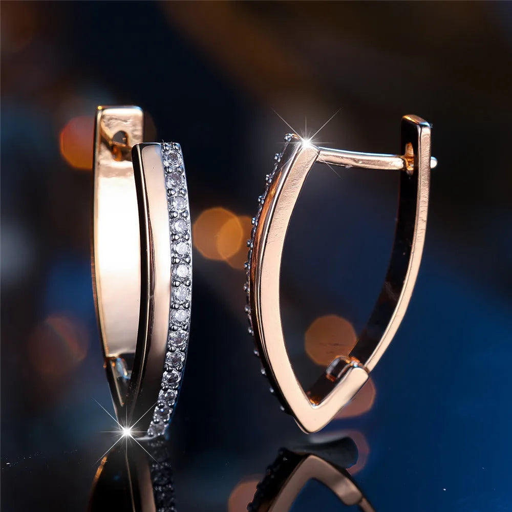 Women's geometric V-shaped copper ear clips with champagne gold electroplated finish