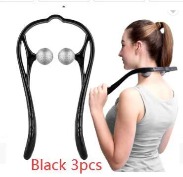 Plastic swan-shaped neck massager in pink, blue, or green with adjustable width and 3D floating-point rollers