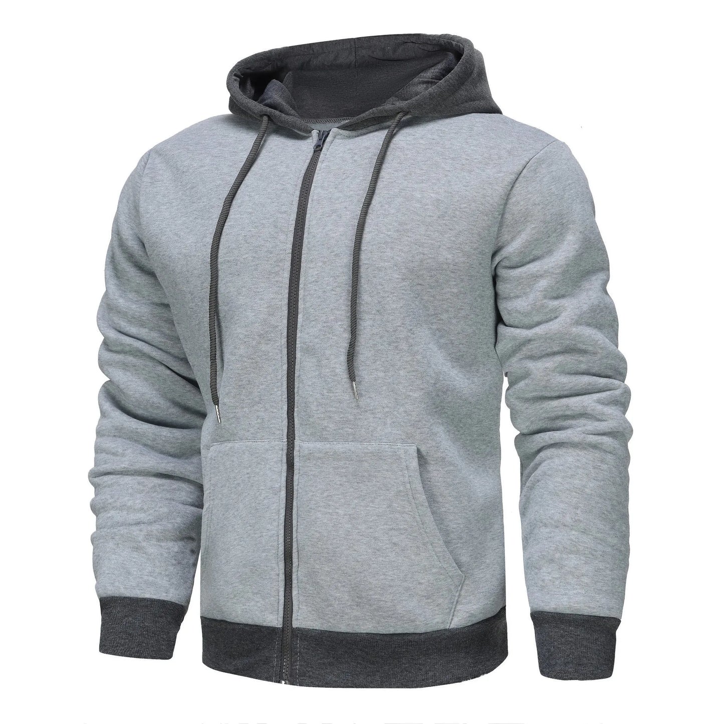 Men's black zip-up hoodie cardigan with a fleece lining, shown with the hood up.