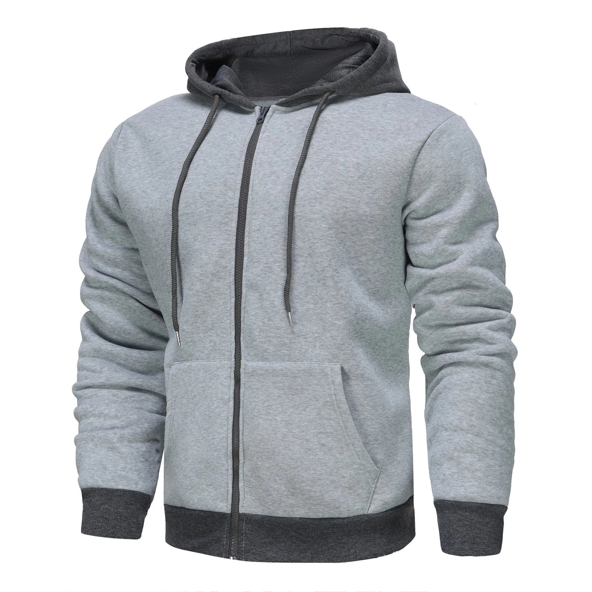 Men's black zip-up hoodie cardigan with a fleece lining, shown with the hood up.