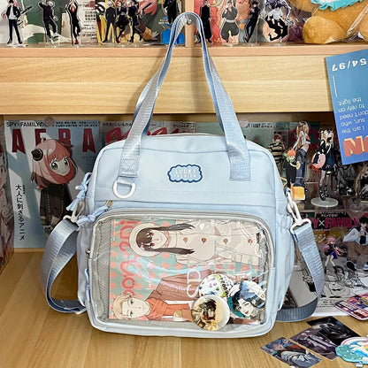Large capacity nylon shoulder bag for women, 31 x 31 x 9cm, casual contrast colour design with lace-up detail.