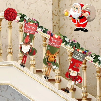 Oversized Christmas stockings with 3D plush Santa, Snowman, and Reindeer designs for festive holiday decorating