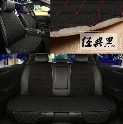 Flax linen car seat cover protector in beige, black, red and brown, with cushion and five-seat style options.