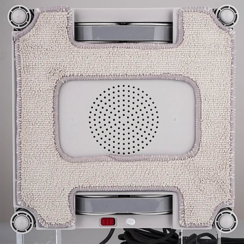 White window cleaning robot with 4 spray nozzles, dimensions 220mm x 220mm x 70mm, for automated high-rise window maintenance