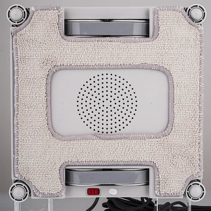 White window cleaning robot with 4 spray nozzles, dimensions 220mm x 220mm x 70mm, for automated high-rise window maintenance