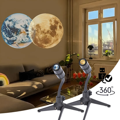 A star projector lamp showing an earth projection on a wall, with its flexible hose bracket allowing adjustable angles.