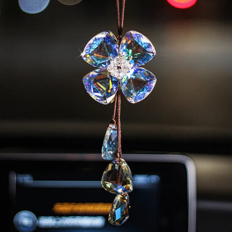 Crystal four leaf grass car interior pendant in transparent, champagne, black, or shiny finish, approximately 20cm long.