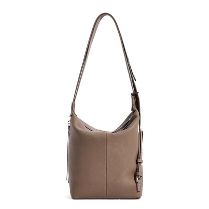 Women's genuine cowhide leather bucket bag in elephant grey colour showing soft texture and large capacity design