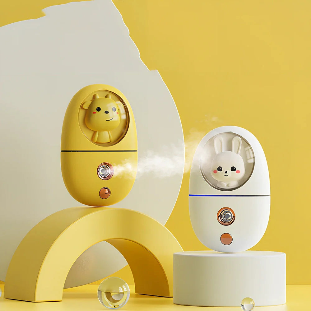 Cartoon USB facial humidifier measuring 62x32x96mm with bear-pink colour and water replenisher