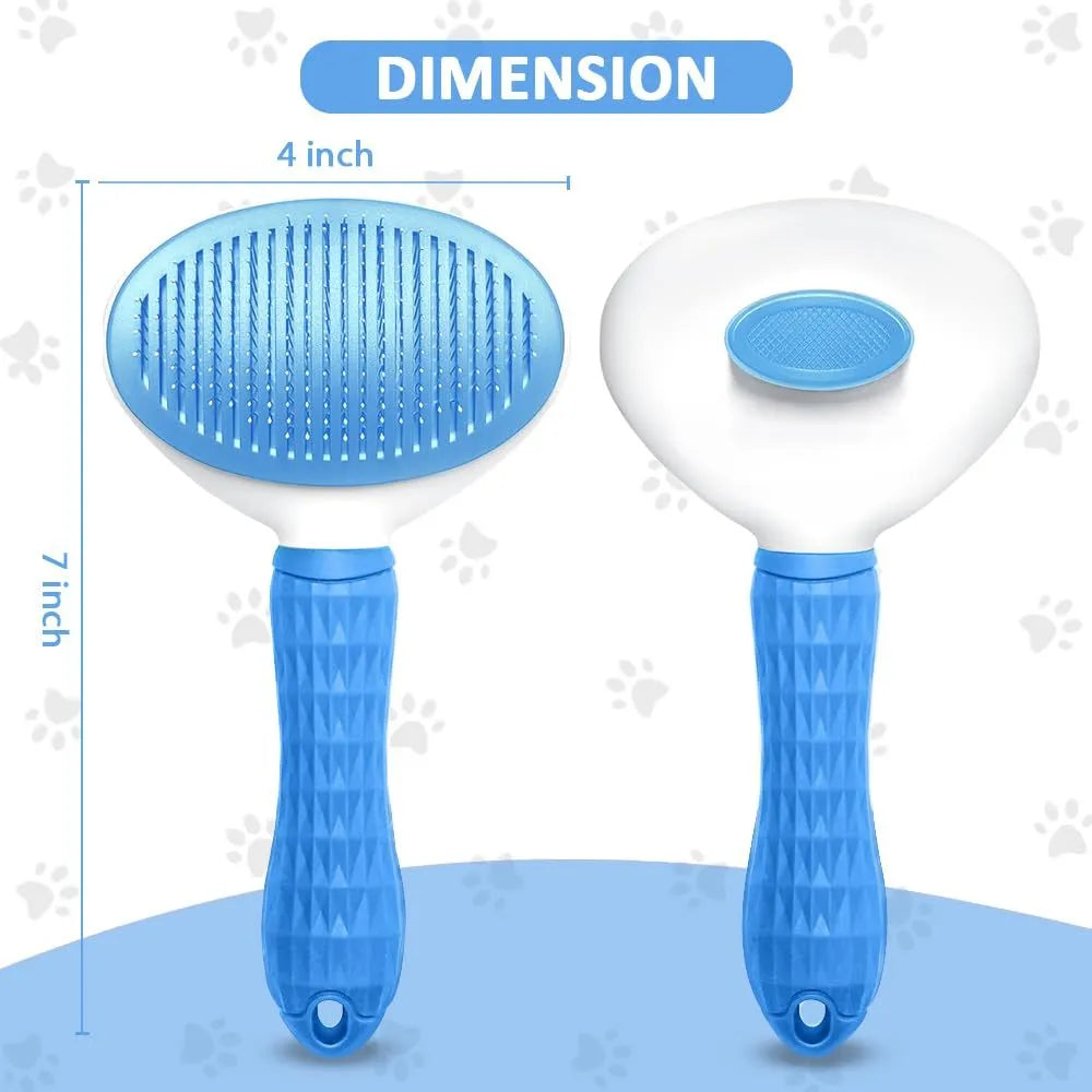 Blue cat brush with release button and fine wire bristles for grooming pets