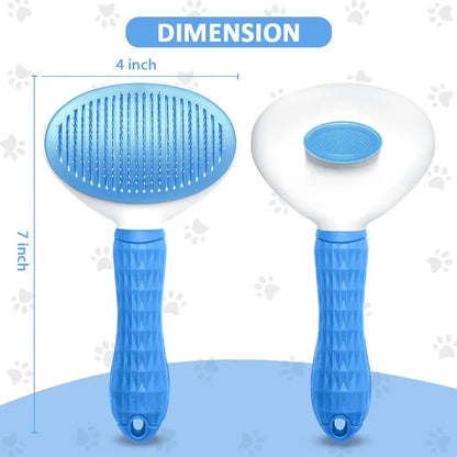 Blue cat brush with release button and fine wire bristles for grooming pets