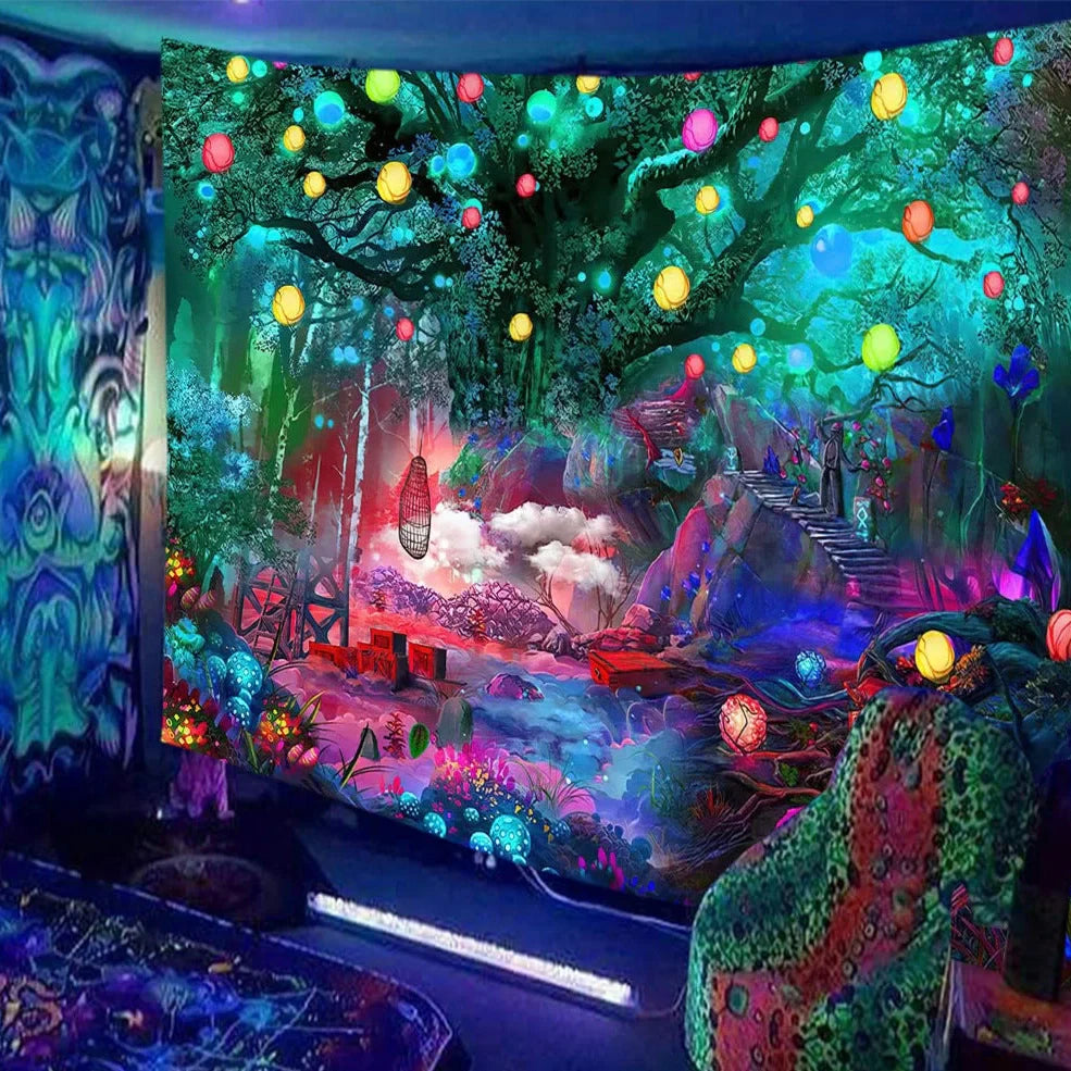 Skull print fluorescent wall tapestry showing detailed pattern on polyester fabric with hanging accessories