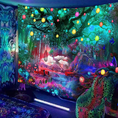 Skull print fluorescent wall tapestry showing detailed pattern on polyester fabric with hanging accessories