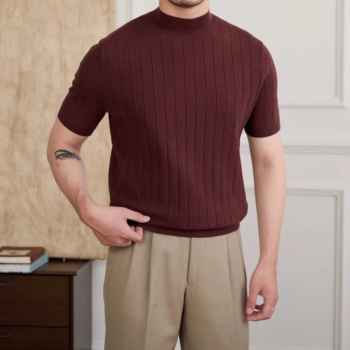 Half turtleneck wool knitted short sleeve T-shirt in black, white or chocolate, sizes M to 2XL, five-fibre blend
