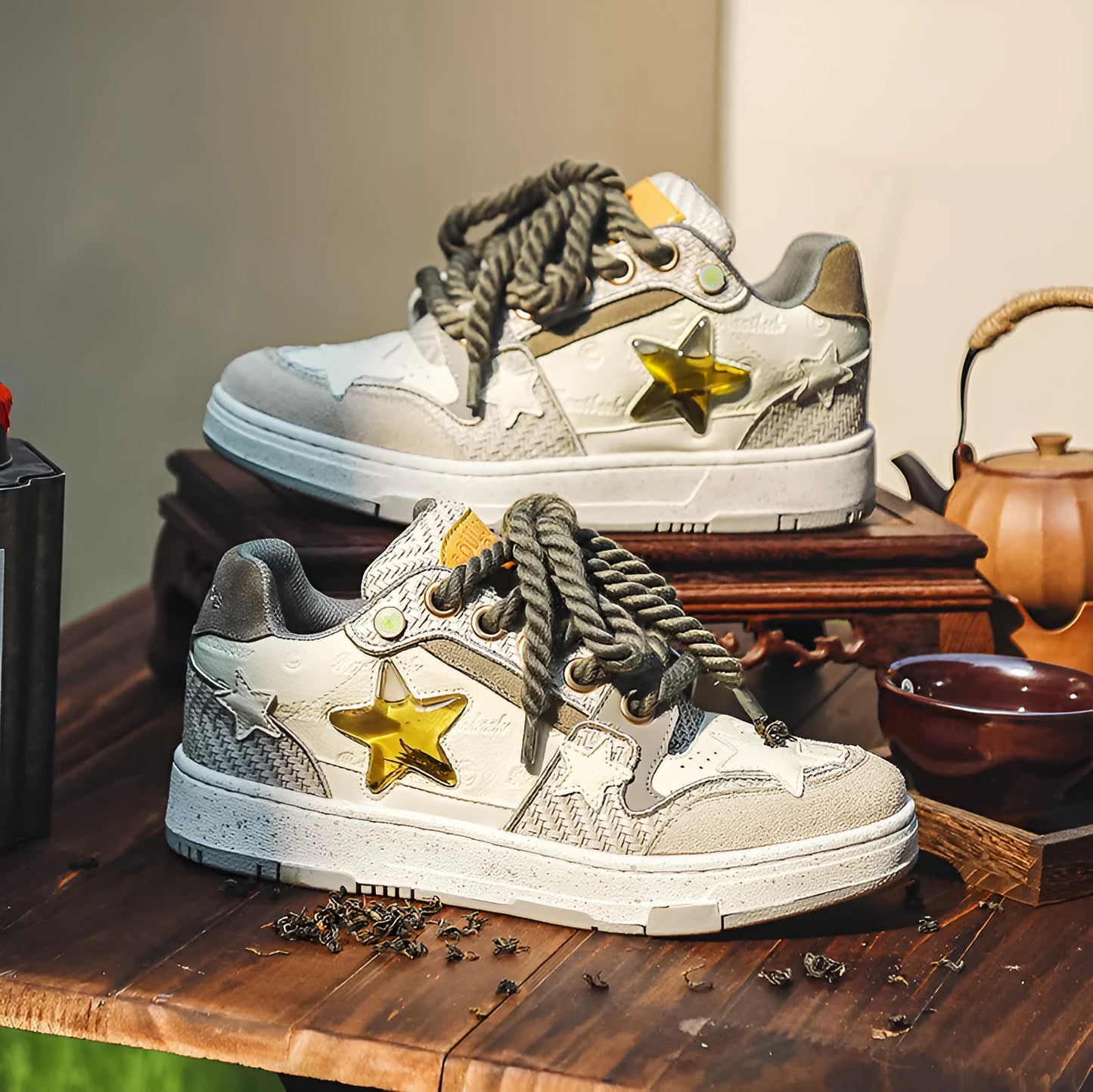 Cowhide leather platform running shoes in tea colour with lace-up front and rubber sole.