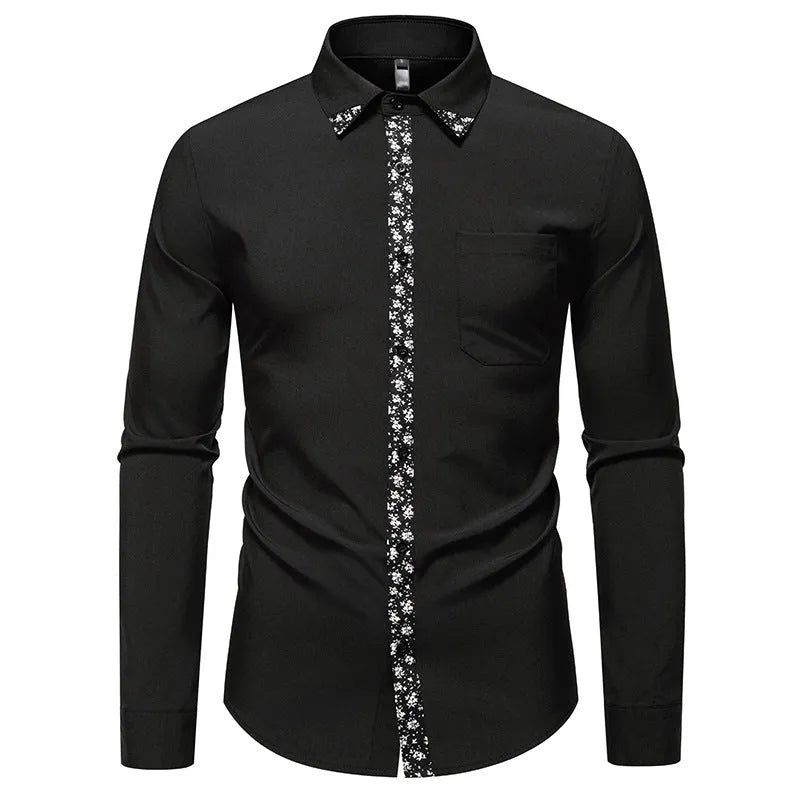 Men's long sleeve polyester shirt in white or black with slim fit and colour block cardigan-style design