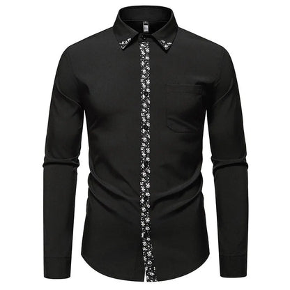 Men's long sleeve polyester shirt in white or black with slim fit and colour block cardigan-style design