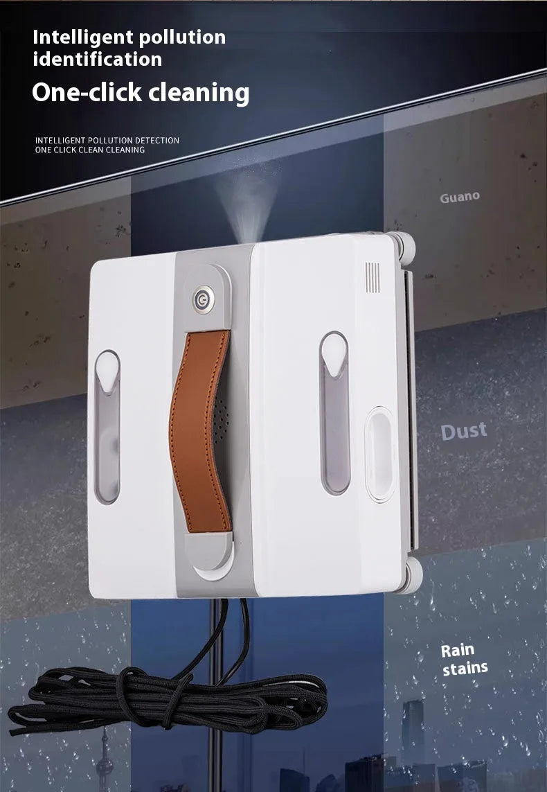 White window cleaning robot with 4 spray nozzles, dimensions 220mm x 220mm x 70mm, for automated high-rise window maintenance