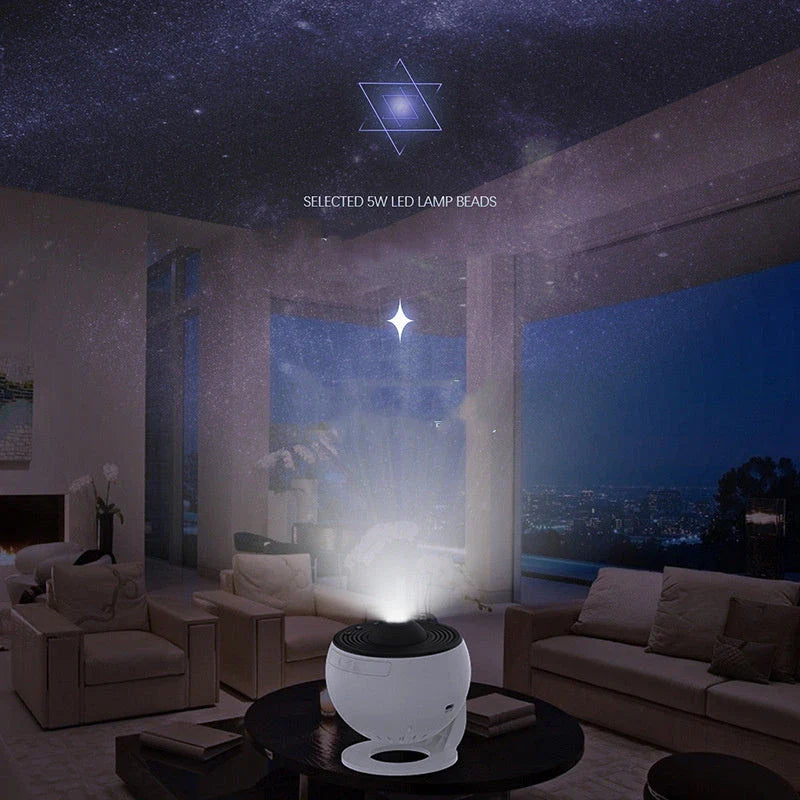 Starry sky projection from a compact, adjustable galaxy projector lamp for creating a soothing, ambient lighting experience in any room.
