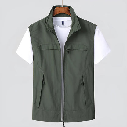 Striped waterproof hooded vest with multiple patch pockets on a mannequin.