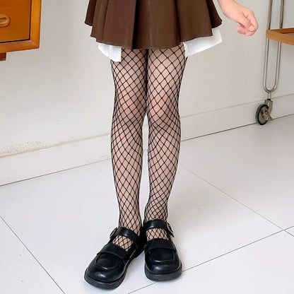 Women's black and white mesh stockings showing large, medium, and small hole patterns.