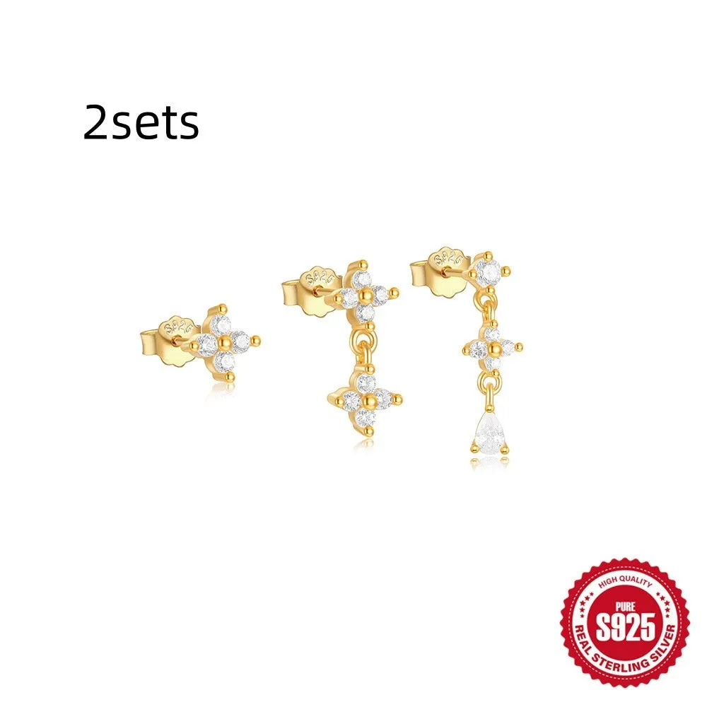 S925 sterling silver geometric earring set with three designs featuring zircon accents in gold tone finishes
