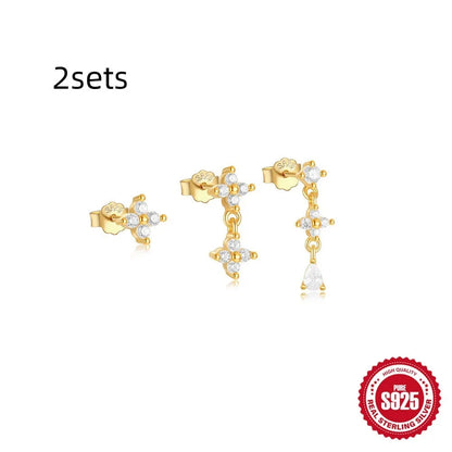 S925 sterling silver geometric earring set with three designs featuring zircon accents in gold tone finishes